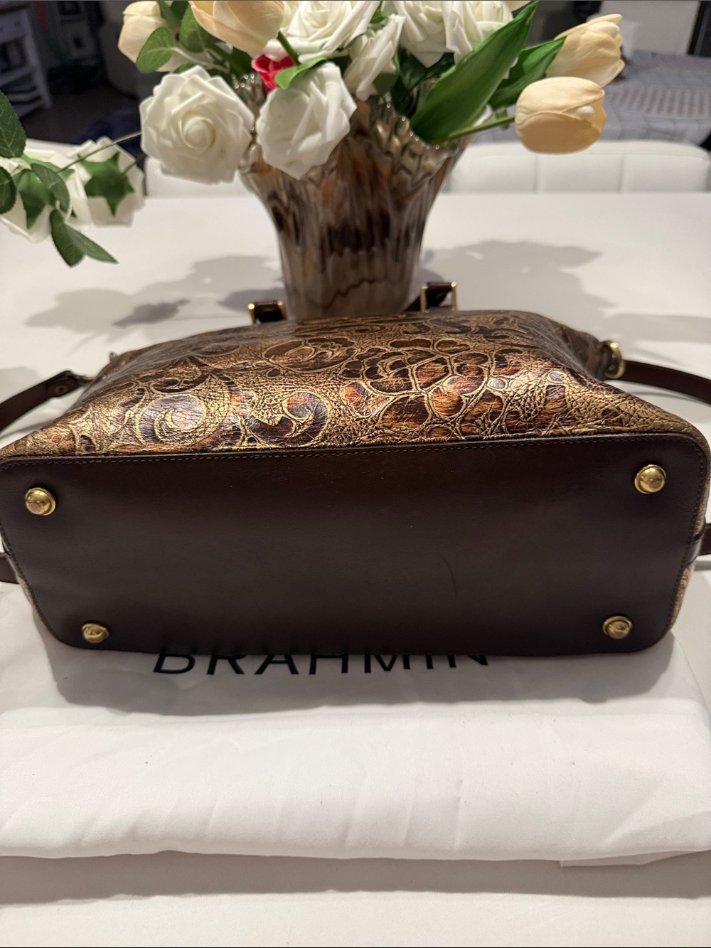 Brahmin Large Duxbury Metallic Floral Embossed Satchel in Brown and Gold - Picture 4 of 17
